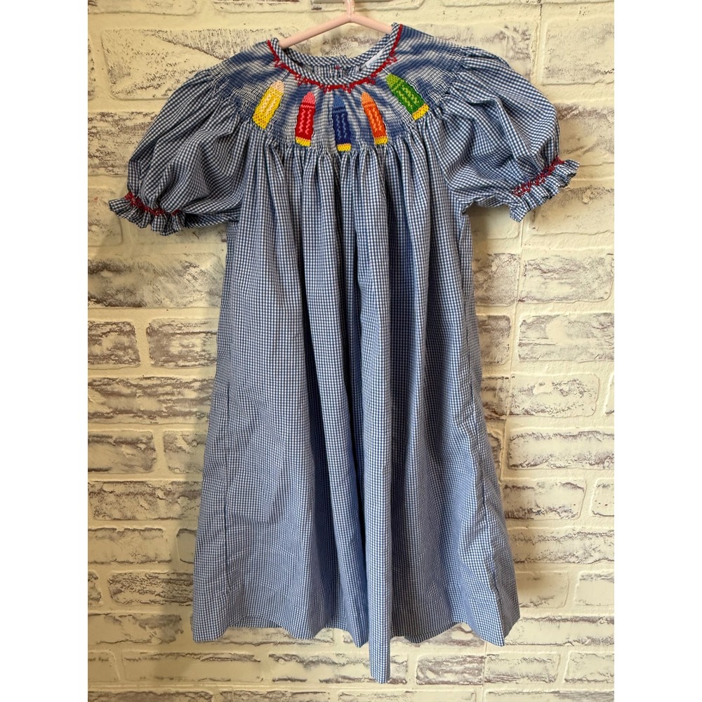 Remember Nguyen Girls Blue Gingham Smocked Crayon Dress 24M Back to School